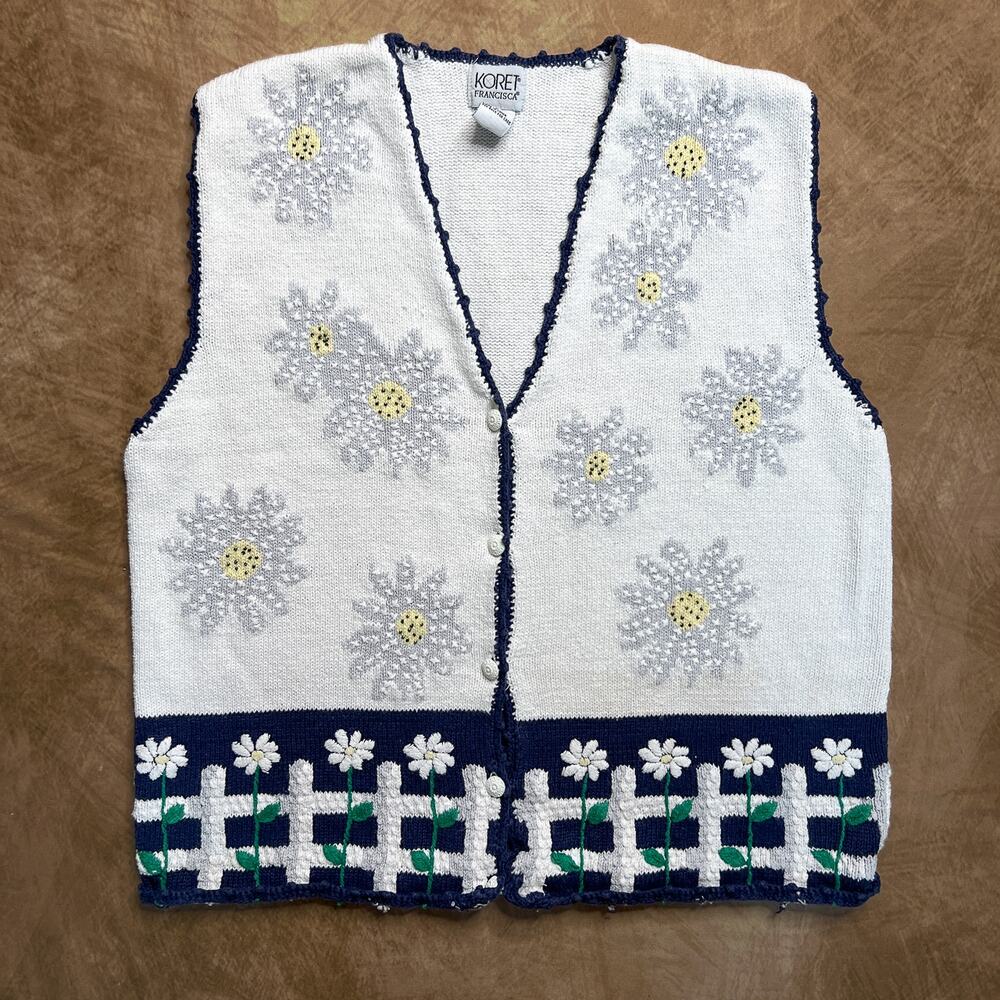Koret Francisca Vintage Floral Sweater Vest Sleeveless Cardigan Knit Blue White